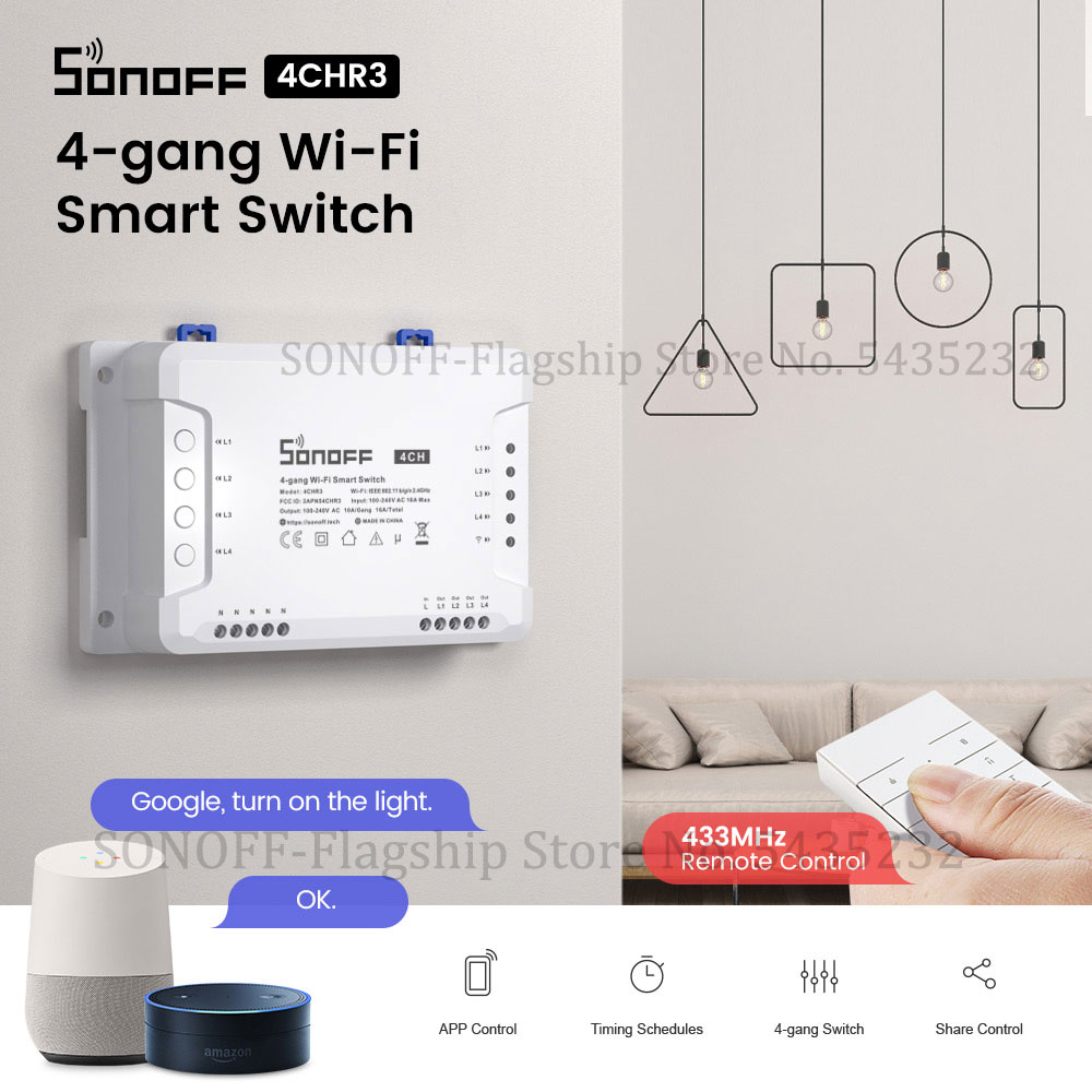 Relay Module 4 Channel - Itead sonoff 4ch r3 wifiワイヤレスリモコンリレーモジュールスイッチ4ギャングチャンネルライトタイマースイッチスマートホームオートメーション
