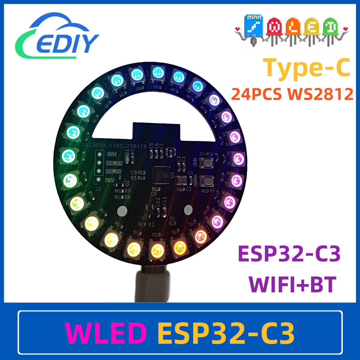 Ws2812B - WLED ESP32-C3 開発ボード円形カラフルなライト WS2812B 円形雰囲気ライトケース E